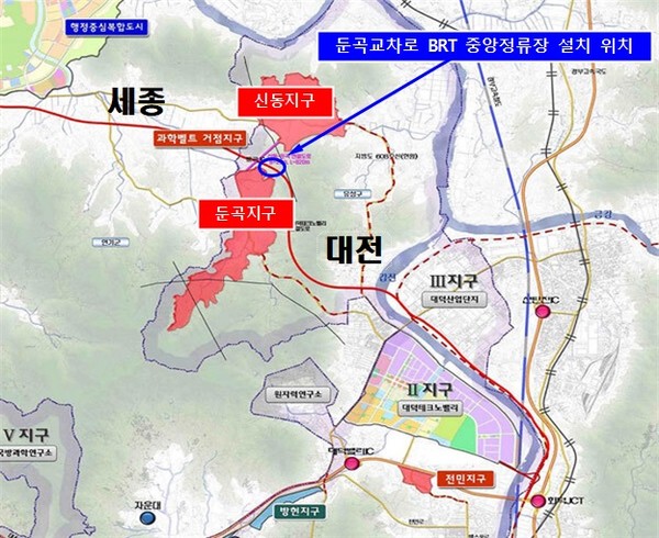 대전시, 둔곡교차로 BRT 중앙정류장 설치공사 착공(위치도)